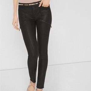 White House Black Market “The Skinny” Black wax coated, moto pant. Size 00 NEW